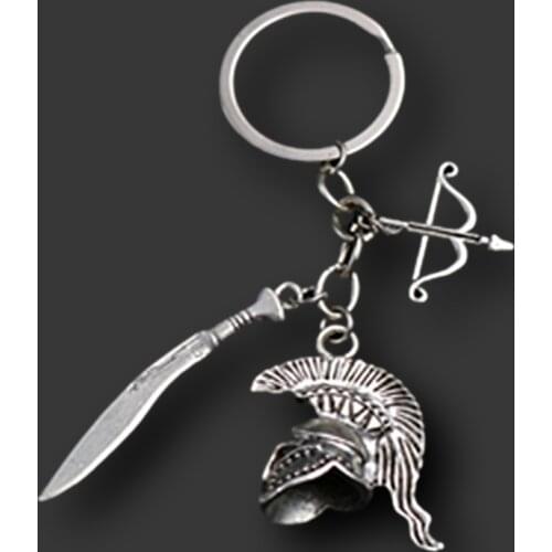 WKOUD 1pc Silver Color cold weapon Ares helmet & machete & bow charm keychain DIY creative handmade metal key chain A1247