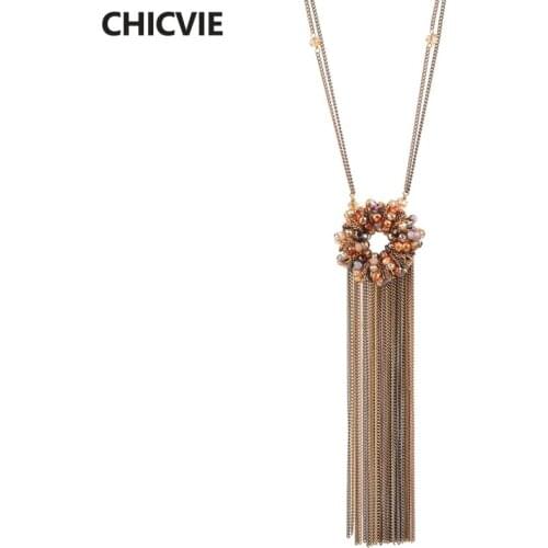 CHICVIE Yellow Blue Punk Natural Stone Necklaces Tassel Beads Pendant Statement Necklaces for women Rhinestone Jewelry SNE160243
