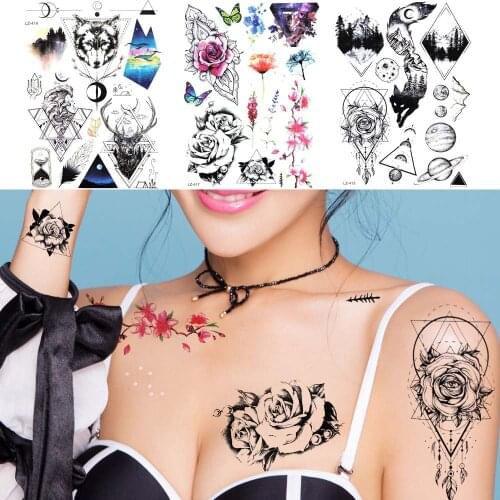 GoldOcean Women Arm Sexy Rose Temporary Tattoo Galaxy Fox Men Geometry Universe Body Tattoo Stickers Flash Fake Tatoos Paste