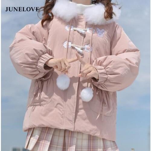 JuneLove Japanese Girl Cute Horn Button Cartoon Parkas Women Thick Students Coat Sweet Hooded Parka Pink Fur Collar Outerwears