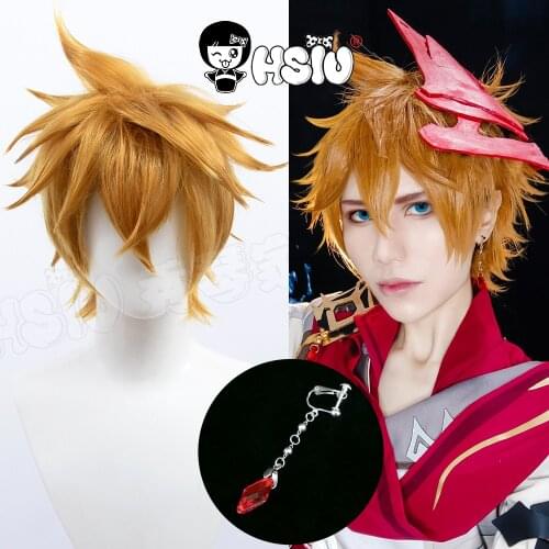 Tartaglia cosplay wig Genshin Impact cosplay HSIU m front bangs 25cm Golden brown short hair+Free Brand wig Cap+earrings