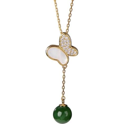S925 sterling silver gold-plated shell Hetian jade pendant vintage personality butterfly ladies clavicle chain pendant