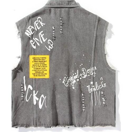 Autumn Mens New Graffiti Letter Print Vest Jacket Hole Korean Style Casual Loose Sleeveless Turn-Down Collar Fashion Vest
