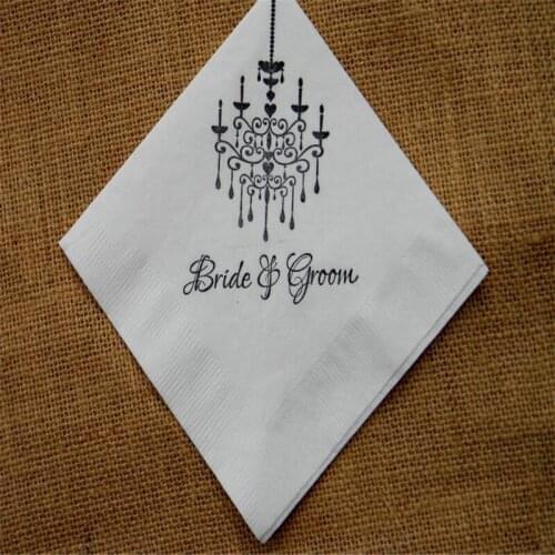 Personalized Napkins Bride and Groom White Classical Wedding Ply Paper Cocktail Napkins with Heart Chandelier Classical Wedding