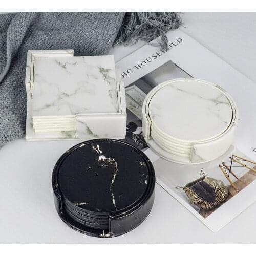 Homie 6PCS Creative PU Leather Marble Coaster Drink Coffee Cup Mat Tea Pad Dining Table Black White Chic Decoration Table Place