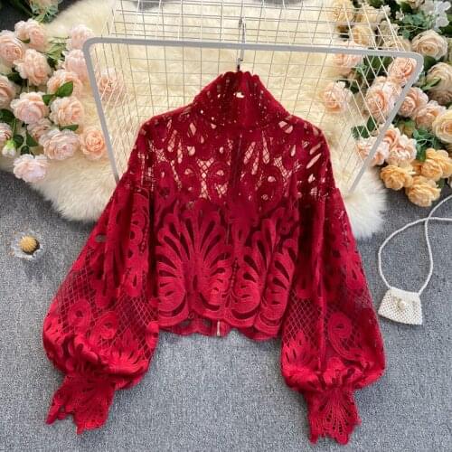 Palace style shirt female design sense niche hollow lantern sleeve temperament stand-up collar slim short top female lace shirt