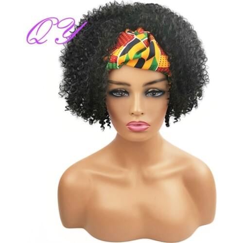 QY Hair Headband Wig Synthetic Head Wigs for African Women Black Short Curly Turban Hair Wigs