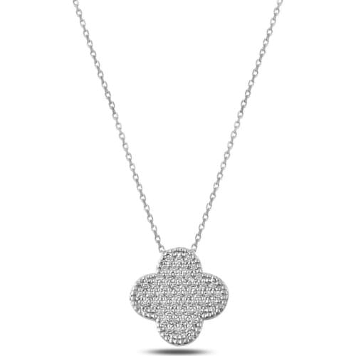 Silverlina Silver Zircon Stone Clover Necklace