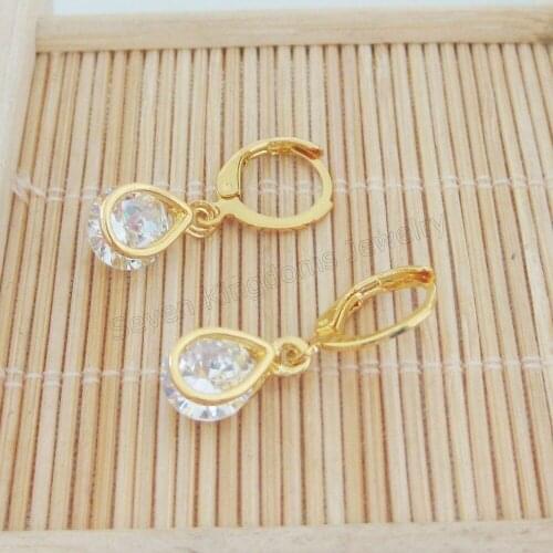 YELLOW GOLD GP OVERLAY DANGLE 0.98" 25 MM CZ STONE OVAL SHAPE CHARM EARRING /GREAT GIFT