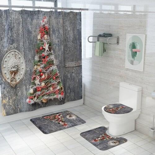 Christmas Trees Printed Shower Curtains Waterproof Bathroom Curtain Set Happy New Year Festival Decoration Gift Bath Mat Sets