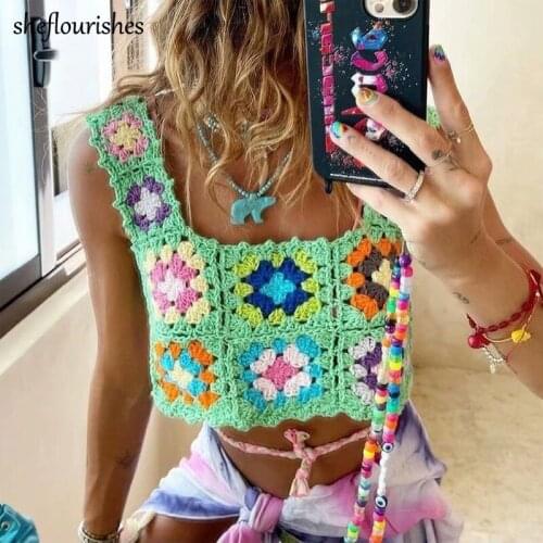 Vintage Tank Top Women Summer Sleeveless Tops Floral Crochet Crop Top White Chic Square Neck Tops Hollow Out Black Tank Top 2021