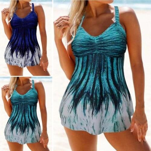 Women V Neck Print Adjustable Straps Padded Swimdress Briefs Swimsuit Takini Set плстье женское 2020