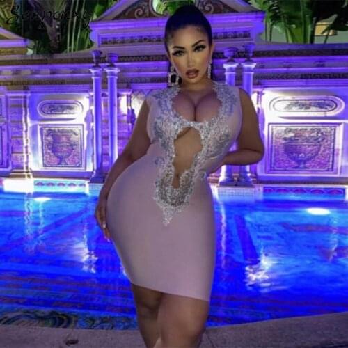 High-end Womens Bodycon Mesh Bandage Dress 2021 Summer Sexy V-neck Sleeveless Sequin Hollow Celebrity Party Dress Vestidos