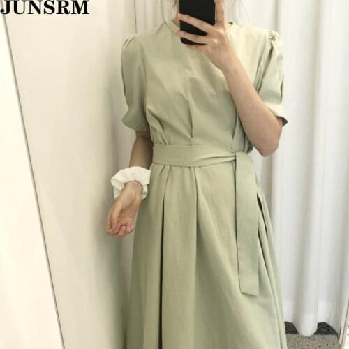 Korean Style Women Dress Elegant Short Sleeve O-Neck A-Line Simple Dress Robe Femme Temperament Lace Up Cotton Linen Dress 2020