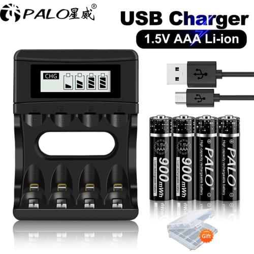 PALO 1.5V AAA Lithium Battery 900mWh AAA 1.5V Li-ion AAA rechargeable battery With LCD Smart 1.5V Li-ion battery Charger