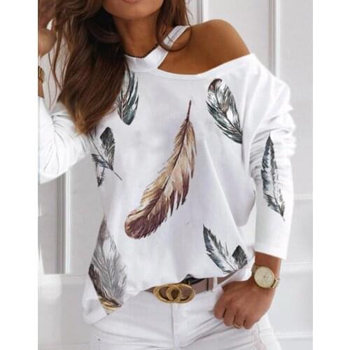 40# Cold Shoulder Vintage Blouse Women Feathers Printed Strapless Long Sleeves Tops Oversize Loose Casual Shirts Рубашка Женская