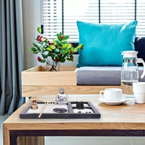 Japanese Zen Garden for Desk 8x7 Inches Large Wood Tray White Sand Rock Rake Set