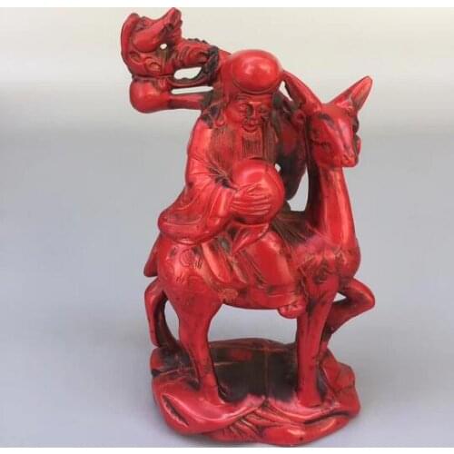 Collection Chinese Red Coral Carved Longevity Star Riding Deer Old Man Holding Longevity Peach Lucky Healthy Statue Decoration