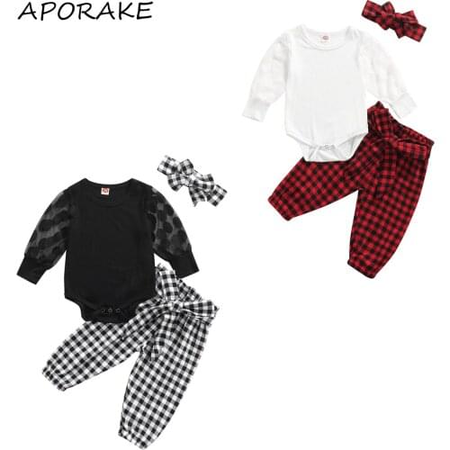 2021 0-18M Infant Baby GIrl Clothes Fashion Dot Mesh Long Sleeve O Neck Romper+Plaid Print Pants With Bow Belt+Headban Fall 3pcs