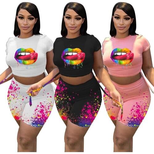 Sets Womens Outfits Sexy Fashion Lip Print Pattern Bandage Casual Tie Dye Stretch Shorts Two Piece Suit Slim Street Wear Custom