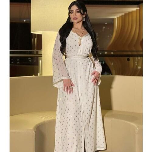 Two Pieces Dress Set For Women Muslim Ramadan Eid Jalabiya White Robe Abaya Dubai Arabic Moroccan Kaftan Clothing