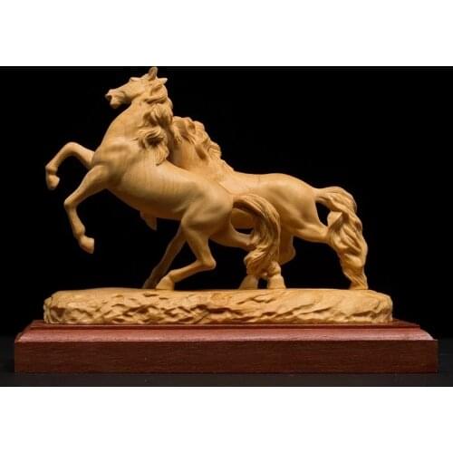 Creative Wood Double Horse Statue Exquisite Achieve Immedia Victory Sculpture Carving Gifts Feng Shui Home Decoration Ornaments