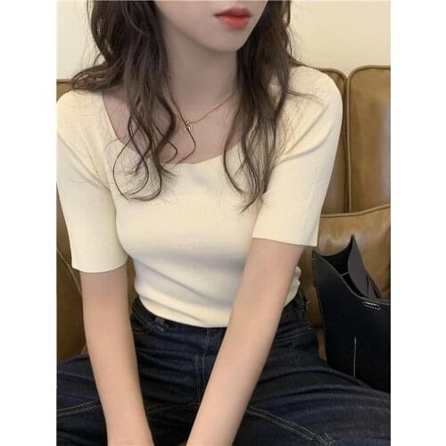New Thin Summer Top Sexy T Shirt Women Elasticity T-Shirt Korean Style Woman Clothes Slim Tshirt Female Casual Short Sleeve Tops