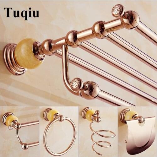 Rose Gold Bathroom Accessories Set,Paper Holder,Towel Bar,corner Shelf towel rack,hook bathroom Hardware set New brass and Jade