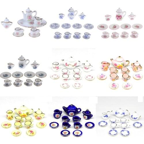 15Pcs 1:12 Miniature Porcelain Tea Cup Set Chintz Flower Tableware Kitchen Dollhouse Furniture Toys For Children