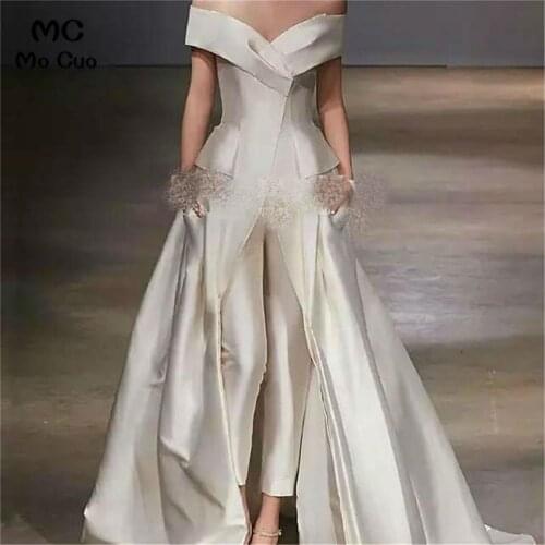 2020 New Jumpsuit Off Shoulder Wedding Dresses Short Sleeves A-Line Bridal Gowns Floor Length Satin Wedding Gown