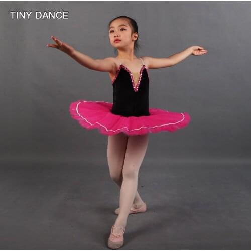Rehearsal Tutu Skirt Black Velvet Bodice and Hot Pink Pleated Tulle Pancake Tutu for Girls Pre-Professional Dance Tutu PLL011