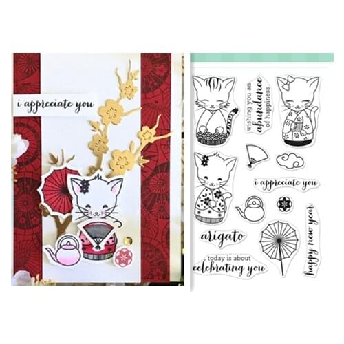 Kimono cat pattern Stamp And metal die Scrapbooking Alphabet Stamp Embossing Craft making Silicone Transparent Stamps