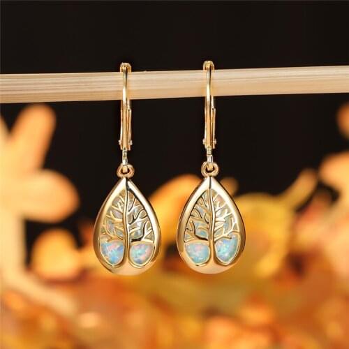 White Blue Fire Opal Tree of Life Earrings For Women Retro Fashion Luxury Yellow Gold Water Drop Earrings Female Wedding Jewelry