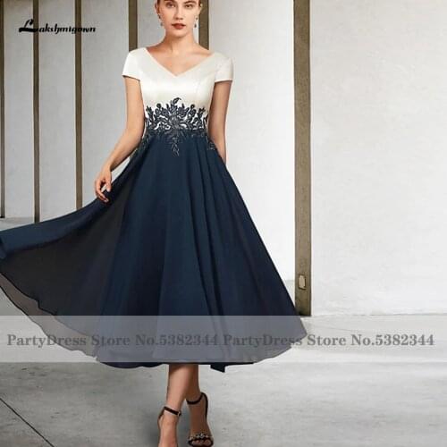 Modest Navy Blue Mother of the Bridal Dress Lace Appliques 2021 Vestido Madrina Boda Wedding Party Dress Cap Sleeve Tea Length