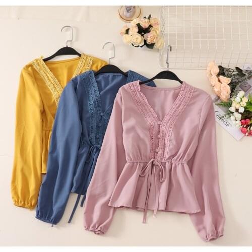 Women Summer Lantern Sleeve V-neck Ruffles Lace Up Bandage Chiffon Bow Shirt Casual Slim High Waist Pullover Button Blouse Tops