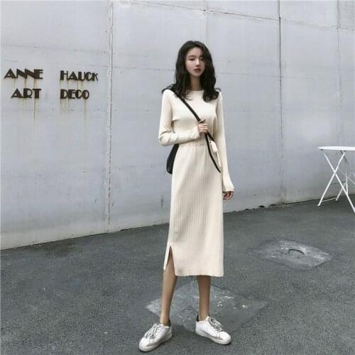 Women Sweater Dress Autumn Casual Maxi Dress Round Neck Long Sleeve Slim Split Knit Long Dresses