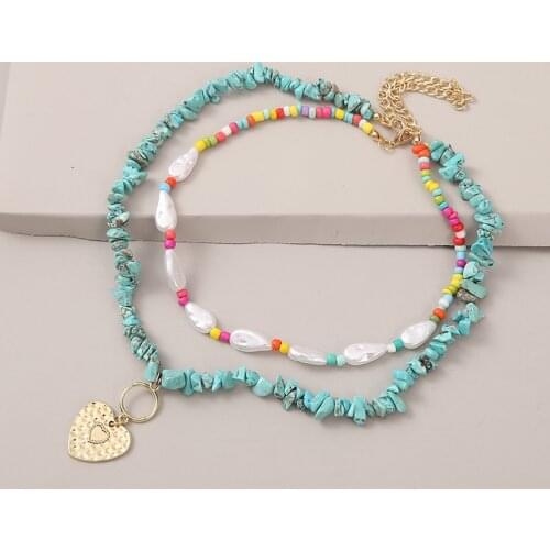 2Pcs/Set Fashion Multicolor Beads Pearl Beaded Necklaces For Women Bohemian Gold Heart Pendant Green Natural Stone Necklace