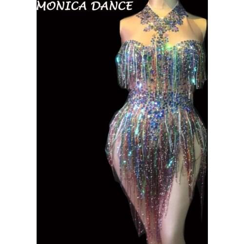 Women Sexy Stage Colorful Fringes Rhinestones Tassel Bodysuit Dance Costume Nightclub Dance Female Singer Dance Bright Leotard