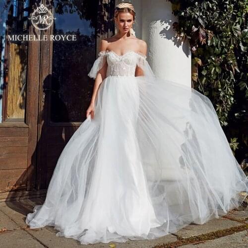 Michelle Royce 2 In 1 Wedding Dresses 2020 Boat Neck Sexy Sweetheart Backless Lace Up Lace Court Train Romantic Vestido De Novia