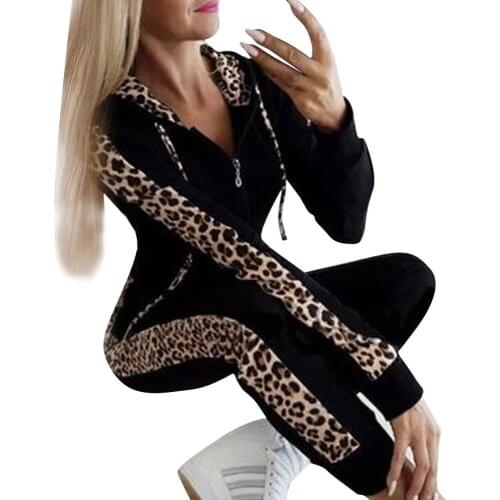 2Pcs Women Hoodies Sports Long Sleeve Leopard Print Zipper Tops Straight Pants Tracksuit Sweatshirt Sweat Sportwear Suit Jogging