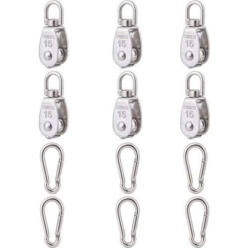 6 Pcs Stainless Steel Wire Pulleys M15 Single Pulley Lifting Wire Rope Suspension Traction Pulley With 6 Spring Hooks