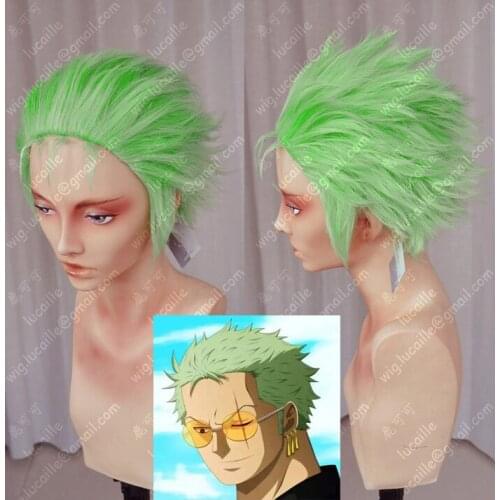 Anime ONE PIECE Roronoa Zoro Wig Cosplay Slicked-back Green Heat Resistant Synthetic Hair Wig + Wig Cap