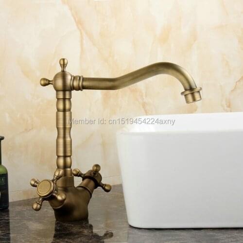 Free Shipping Dual Cross Handle Antique Copper Kitchen Bathroom Bain Sink Faucet Swivel Spout Vanity Mixer Tap torneira GI30