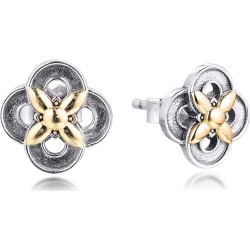 Two-tone Flower Stud Earrings with 14k Real Gold 100% 925 Sterling Silver Jewelry for Women Fashion
