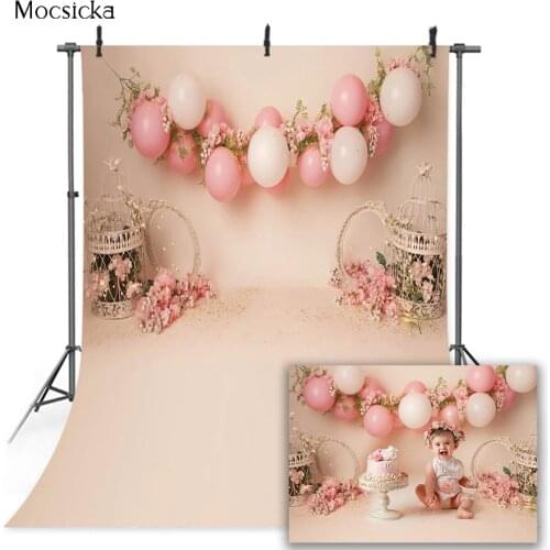 Newborn kids Cake smash Theme Portrait Photography Backdrop 1st Birthday spring floral pink balloons birdcage photo background