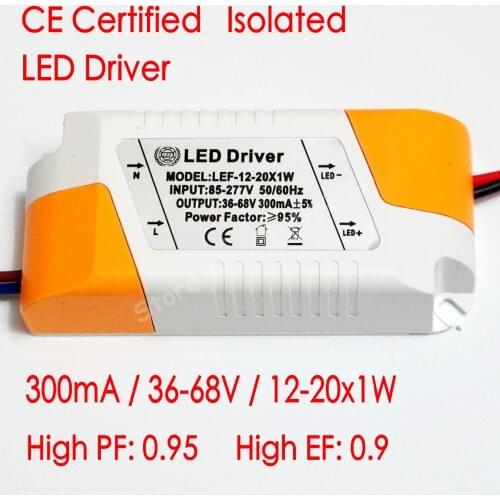 CE Certified Isolated 300mA 12-20x1W Led Driver 12W/15w/18W/20w Power Supply DC 36V - 68V AC 110V 220V for LED lights