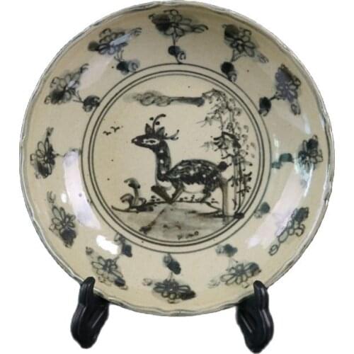 Chinese Old Porcelain Blue And White Deer Lace Plate