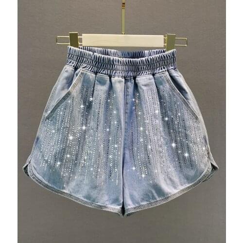 2020 Summer Womens Rhinestone Bling Bling Denim Shorts Elastic Waist Jeans Fashion Girls Ladies All-match Trousers A3744