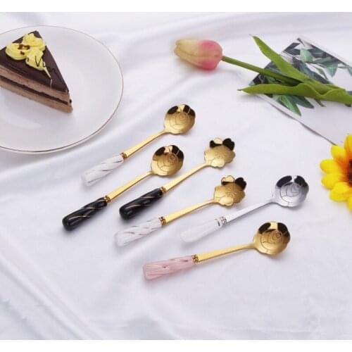 Stainless Steel Flower-shaped Spoon Ceramic Handle Spoon Creative Cute Ice Cream Spoon Stirring Coffee Spoon Gilded Tableware