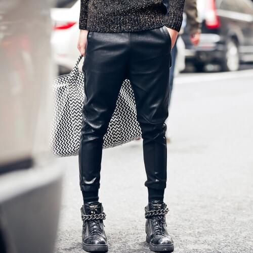 2016 men casual leather pants fashion screw faux two piece skinny pants male taper pants black trousers singer costumes